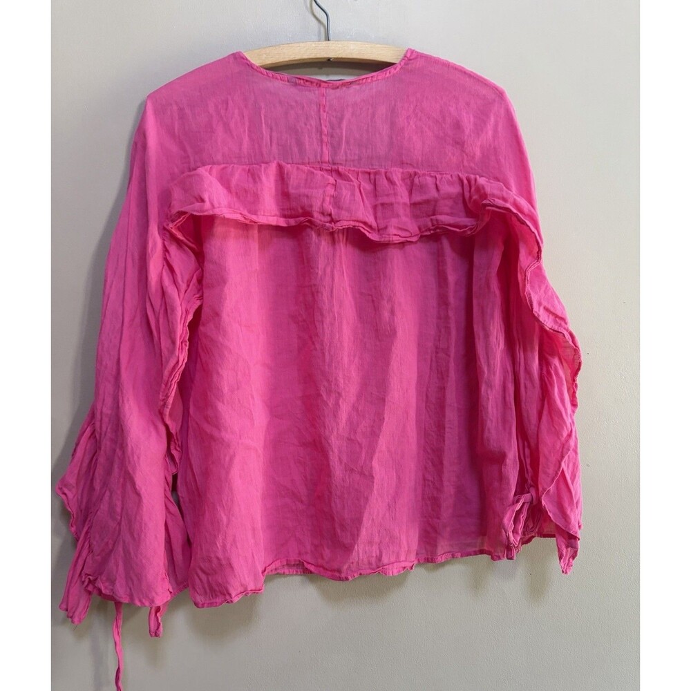 Zara Cotton Ramie Pink Ruffled Semi-Sheer Oversized Ruffle Blouse Size XS Boho - Picture 8 of 10